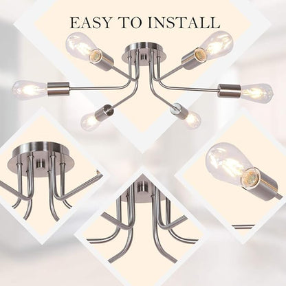 Modern Sputnik Chandelier 6 Light Semi Flush Mount Ceiling Lighting Cotemporary Industrial Brushed Nickel Ceiling Fixture for Bedroom, Hallway, Kitchen, Bar