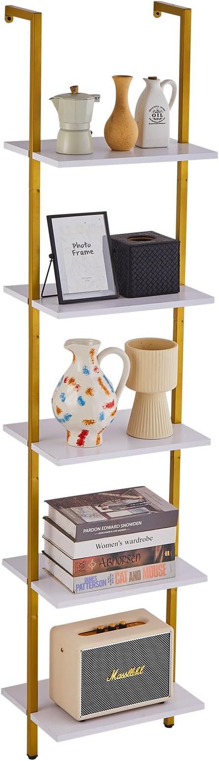 VEVOR Ladder Shelf, 5-Tier Bookshelf 15.6x11.8in, Open Wall-Mounted Ladder Shelf with Metal Frame,Storage Rack Sundries Holder for Kitchen Bedroom Bathroom Living Room, Gold White