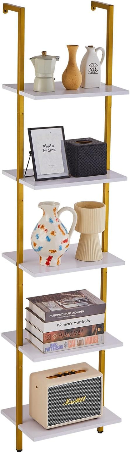 VEVOR Ladder Shelf, 5-Tier Bookshelf 15.6x11.8in, Open Wall-Mounted Ladder Shelf with Metal Frame,Storage Rack Sundries Holder for Kitchen Bedroom Bathroom Living Room, Gold White