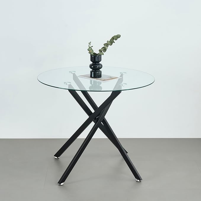Round Glass Dining Table,Glass Dining Room Table with Metal Legs, Modern Glass Kitchen Table for Home, Kitchen, Dining Room