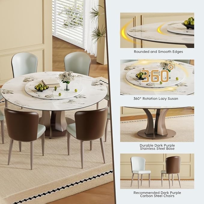 Modern Sintered Stone Dining Table for 6-8, Luxury Faux Marble Kitchen Table with Heavy-Duty Stainless Steel Base, Heat-Resistant Furniture for Dining Room (Table+4 Chairs,59'')