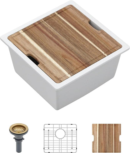 18 Inch White Undermount Bar Sink 18x18 Undermount Bar Sink Mini Wet Bar White Quartz Granite Composite Small Kitchen RV Sinks Single Bowl Outdoor Island Basin with Cutting Board