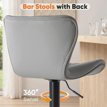 Sweetcrispy Modern Bar Stools Set of 2, Adjustable Faux Leather Upholstered Swivel Bar Stools, Counter Height Bar Chairs with Back for Kitchen Island, Grey