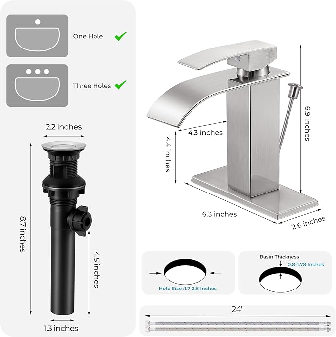 Brushed Nickel Bathroom Faucet with Lift Rod Drain, Waterfall Bathroom Sink Faucet Modern Single Handle Bathroom Faucte 1 or 3 Hole, RV Mixer Tap Vanity Faucet Washbasin Faucet with Deck