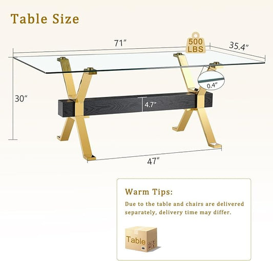 Glass Dining Table 71"｜Modern Dining Table for 6-8｜0.4" Thick Tempered Glass Top｜Chrome Gold Metal Legs｜Black Crossbar｜Easy Assembly｜Perfect for Dining Room or Kitchen