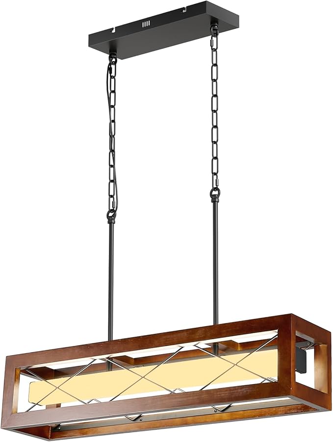 31.5" Farmhouse Kitchen Island Lighting, Rustic Wood Linear Chandeliers for Dining Room Light Fixture, 30W LED Dimmable Rectangular Pendant Lights for Kitchen Island Over Table with Remote