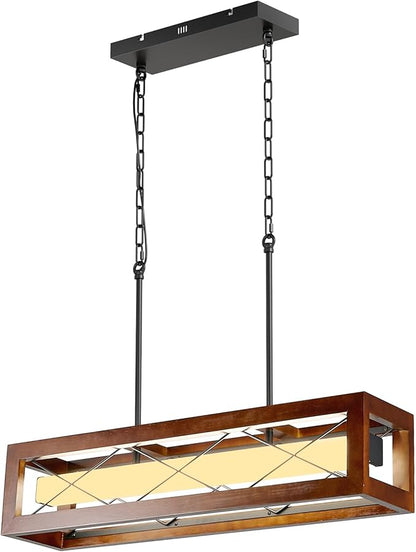 31.5" Farmhouse Kitchen Island Lighting, Rustic Wood Linear Chandeliers for Dining Room Light Fixture, 30W LED Dimmable Rectangular Pendant Lights for Kitchen Island Over Table with Remote