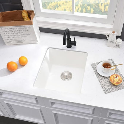 White Bar Sink Undermount-VASOYO 15x17 Small Kitchen Sink Undermount Wet Bar Sinks White Quartz Composite Deep Single Bowl Outdoor Rv Sinks with Bottom Grid