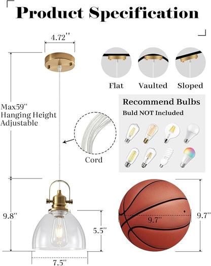 Glass Pendant Lights Kitchen Island, 7.5 inch Gold Glass Pendant Lights 1-Pack, Modern Pendant Light with Clear Glass Shade, Farmhouse Kitchen Pendant Light for Dining Rooms, Kitchen Island