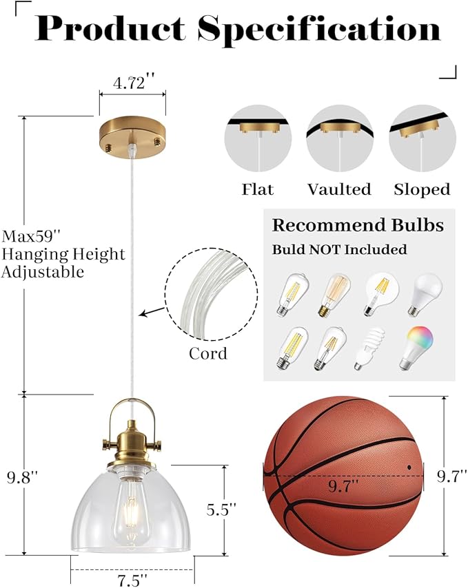 Gold Pendant Lights Kitchen Island 2 Pack, 7.5 inch Farmhouse Glass Pendant Lights, Vintage Gold Glass Pendant Light, Island Pendant Lights for Dining Rooms, Living Room, Bar