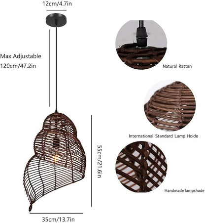 Retro Conch Pendant Lamp Hand Woven Ceiling Lighting Weave Bamboo Rattan E26 Hanging Light Fixture Retro Japanese Wicker Lamp Shade for Bedroom Restaurant Cafe Brown