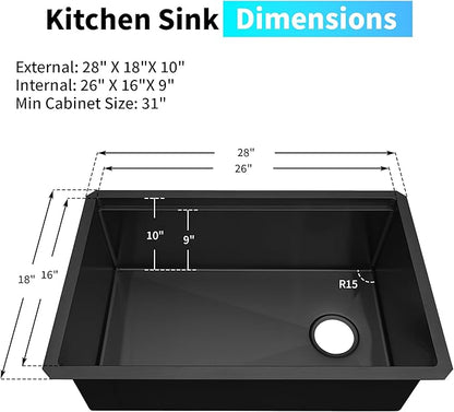 Black Undermount Kitchen Sink 28 inch,16 Gauge Stainless Steel Sinks,Single Bowl Workstation Sink,Modern Kitchen Sink Offset Drain (28" X 18")