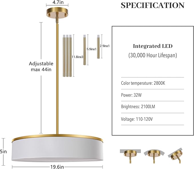 19.6 Inch Integrated LED Drum Chandeliers, 2800K Modern Fabric Pendant Light Fixture, White Linen and Gold Finish, Large Semi Flush Mount Lighting for Dining Room Bedroom Kitchen Entryway