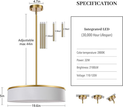 19.6 Inch Integrated LED Drum Chandeliers, 2800K Modern Fabric Pendant Light Fixture, White Linen and Gold Finish, Large Semi Flush Mount Lighting for Dining Room Bedroom Kitchen Entryway