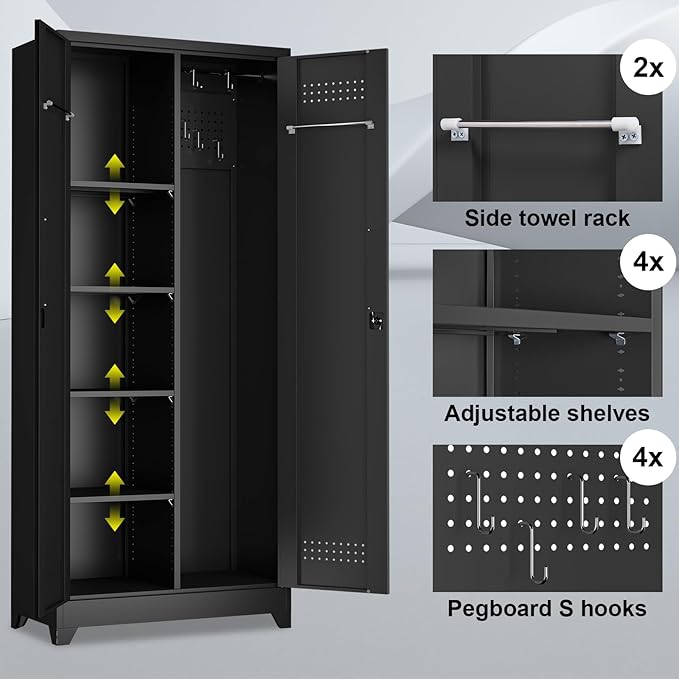 Metal Locking Cabinet, 72.8" Tall Storage Cabinet for Broom, Garage Storage Cabinet with Doors and Shelves, Heavy Duty Tool Cabinet for Home Office, School, Basement,Gym