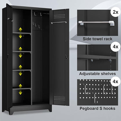 Metal Locking Cabinet, 72.8" Tall Storage Cabinet for Broom, Garage Storage Cabinet with Doors and Shelves, Heavy Duty Tool Cabinet for Home Office, School, Basement,Gym