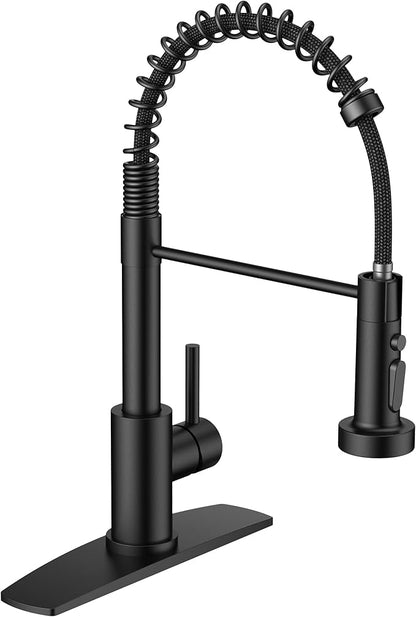 FORIOUS Black Kitchen Faucets with Sprayer, Stainless Steel Sink Faucet Single Handle with Deck Plate, Commercial Classic Spring Faucet for Kitchen Sink, Bar & Prep Sinks, Laundry RV Camper