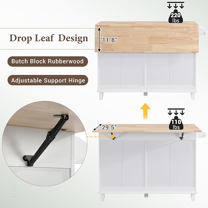 Farmhouse Kitchen Island Set with Drop Leaf and 2 Seatings Solid Wood White Design Dining Room, Versatile