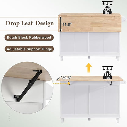 Farmhouse Kitchen Island Set with Drop Leaf and 2 Seatings Solid Wood White Design Dining Room, Versatile