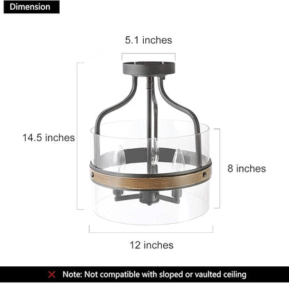 LALUZ Faux Wood Ring Ceiling Light Fixture, Modern Semi Flush Mount Ceiling Light, Farmhouse Drum Chandelier, 3 Lights, for Bathroom, Bedroom, Kitchen, Living Room, Dining Room