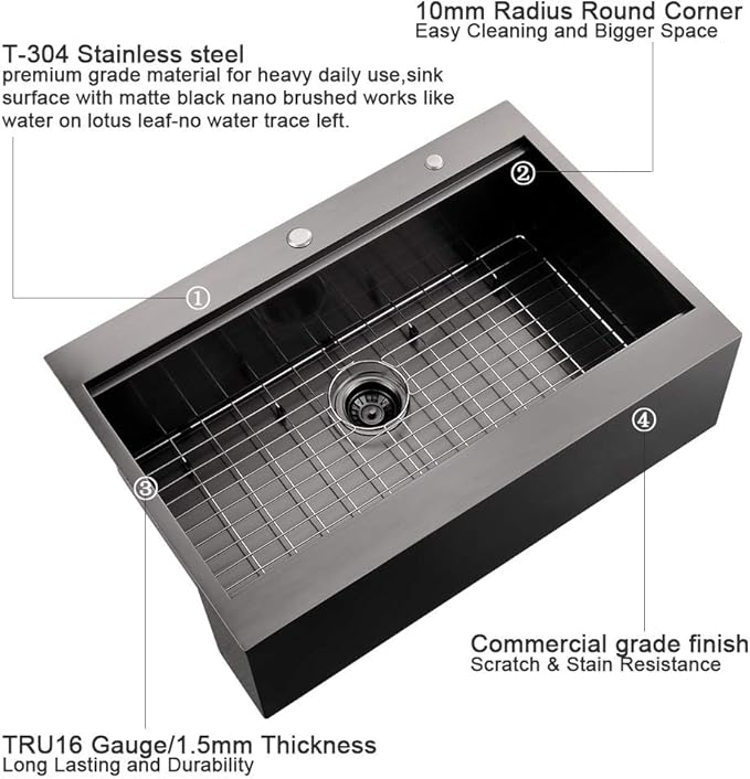 30 Inch Black Farmhouse Kitchen Sink Drop In Workstation - 30 inch Apron Front Farmhouse Sink Workstation Kitchen Sink Single Bowl 16 Gauge Stainless Steel Farm Sink