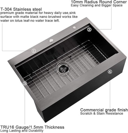 30 Inch Black Farmhouse Kitchen Sink Drop In Workstation - 30 inch Apron Front Farmhouse Sink Workstation Kitchen Sink Single Bowl 16 Gauge Stainless Steel Farm Sink