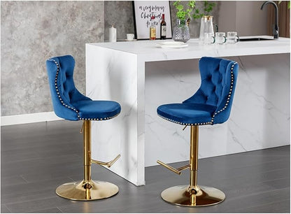 Golden Swivel Velvet Barstools Adjusatble Seat Height from 25-33 Inch,Modern Upholstered Bar Stools with Backs Comfortable Tufted for Home Pub and Kitchen Island,Blue,Set of 2