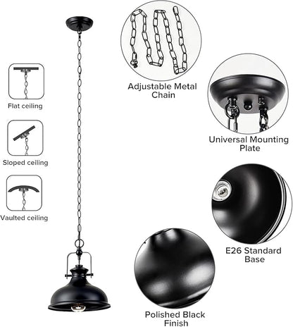 GZBtech Industrial Dome Pendant Light, Metal Chain Adjustable Farmhouse Hanging Light, 50.5 Inches Vintage Rustic Lighting Fixture with Polished Black Finish for Kitchen Dinning Room Barn, UL Listed