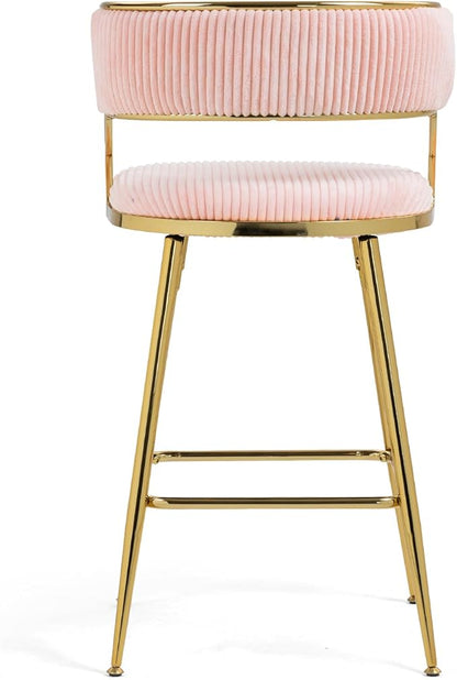 2-Pack Pink Corduroy Counter Height Bar Stools with Back, Golden Chrome Base and Footrest, Modern Kitchen Island Stools Set of 2, Upholstered Dining Stools for Home, Office, Cafe