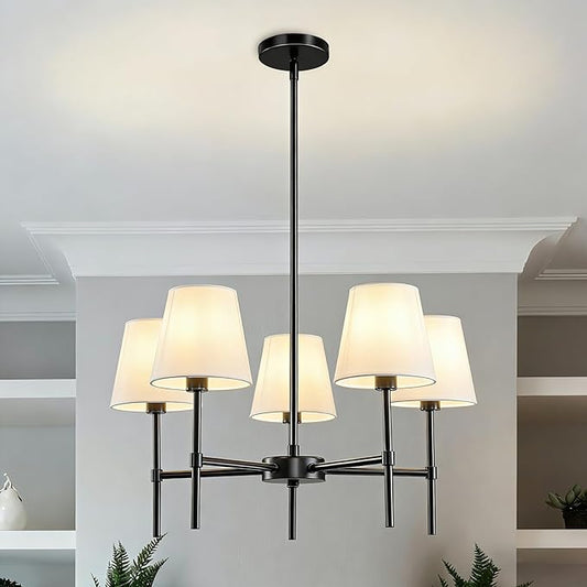 RUIYEY Dining Room Chandeliers Light - 5-Light 25.6 Inch Black Modern Chandeliers Light Fixtures with White Fabric Shade, Height Adjustable Pendant Island Lights for Entryway Farmhouse