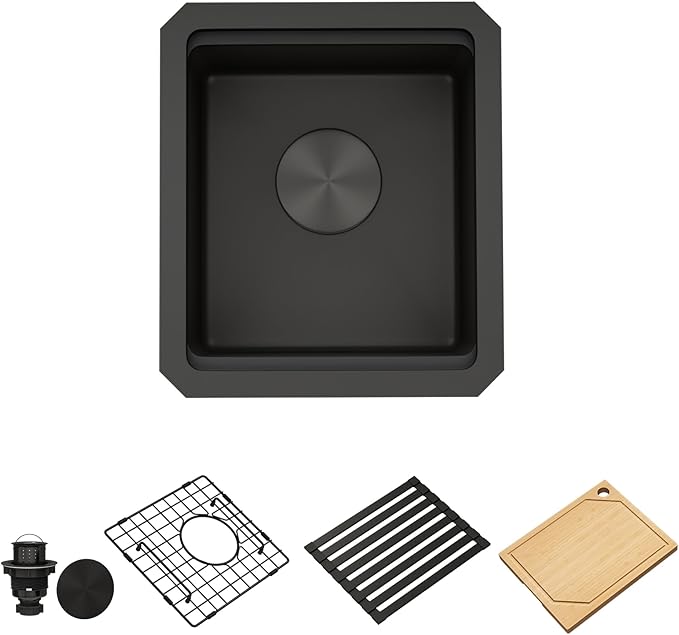 13 Inch Black Sink Undermount, 16 Gauge 304 Stainless Steel Workstaion Kitchen Sinks with Ledge & Accessories, 13" x 15" x10" Deep Bowl For Outdoor, RV,Prep Sink, and Wet Bar