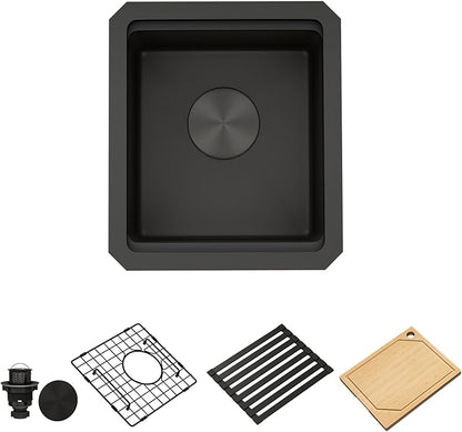 13 Inch Black Sink Undermount, 16 Gauge 304 Stainless Steel Workstaion Kitchen Sinks with Ledge & Accessories, 13" x 15" x10" Deep Bowl For Outdoor, RV,Prep Sink, and Wet Bar
