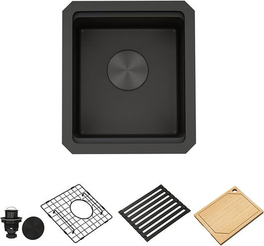 13 Inch Black Sink Undermount, 16 Gauge 304 Stainless Steel Workstaion Kitchen Sinks with Ledge & Accessories, 13" x 15" x10" Deep Bowl For Outdoor, RV,Prep Sink, and Wet Bar