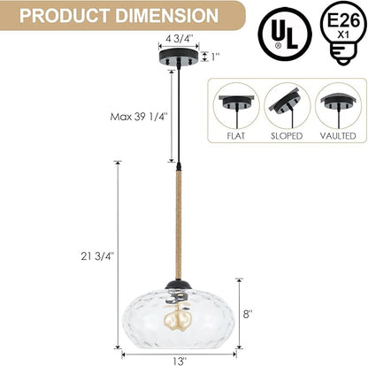 13” Large Hammered Glass Pendant Light Rattan Modern Industrail Chandelier for Kitchen Island Dining Room Hallway, UL Listed