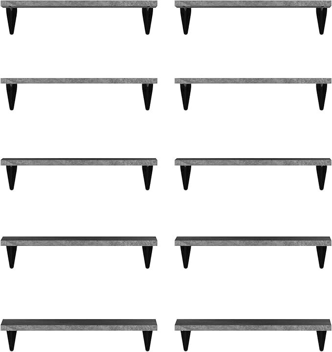 Wallniture Arras Wood Floating Shelves for Wall Storage, Small Bookshelf, Hanging Book Shelves for Living Room, Bedroom, Office, Burnt Finish, Set of 10 (Gray)