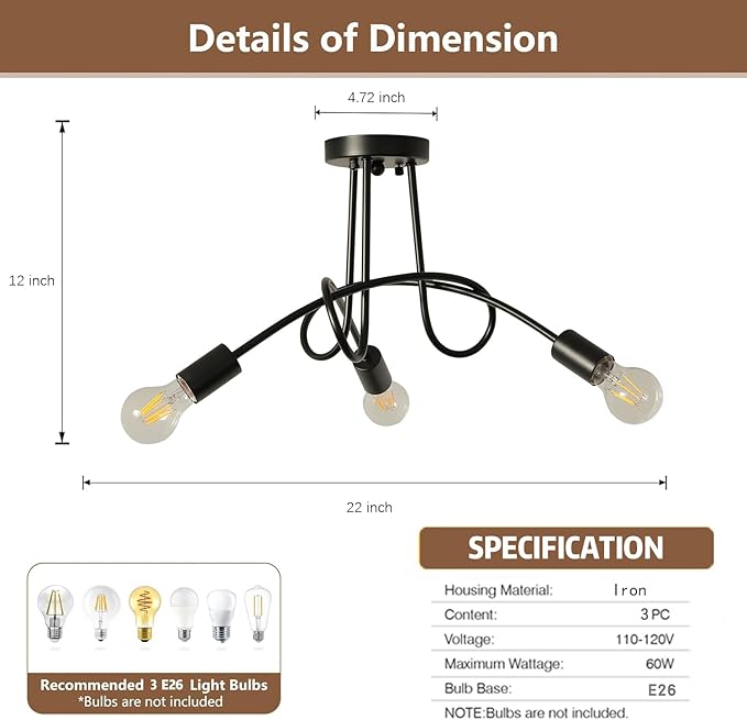 Modern Farmhouse Chandelier,22 Inch 3 Light Sputnik Semi Flush Mount Ceiling Light, Metal Black Rustic Light Fixture for Dining Room Bedroom Kitchen Hallway Entryway