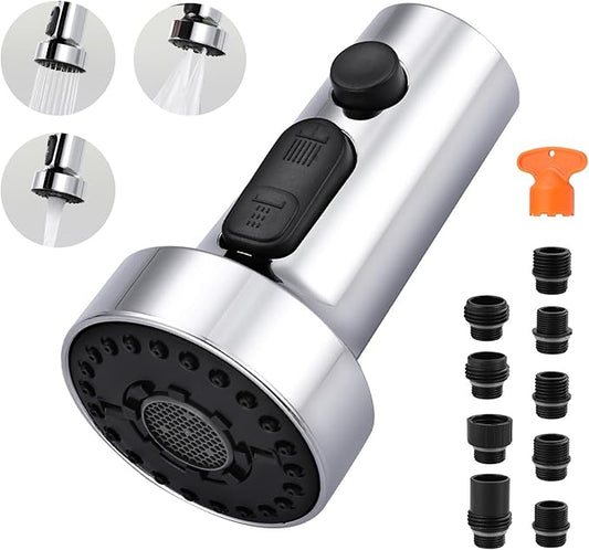 Pull Down Faucet Head Replacement: 3-Function Kitchen Faucet Sprayer Head Replacement with 9 Adapters - Chrome Sink Spray Nozzle Compatible with Moen, Delta, American Standard Faucets