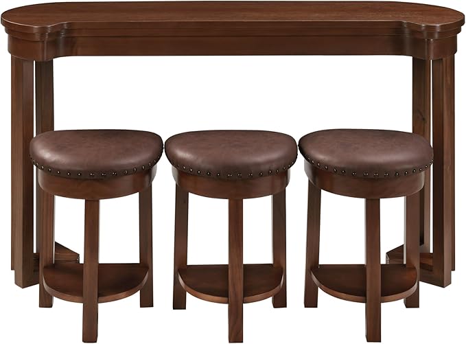 Bar Table and Chairs Set of 4 with 3 PU Upholstered Bar Stools, Breakfast Bar Table, Solid Wood Bar Height Dining Table Set, for Kitchen, Living Room, Party Room, Small Space (Cherry)