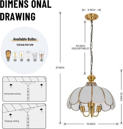 15" European-Style Palace Chandelier, 3-Light Vintage Gold Ceiling Light Fixture, Modern Gorgeous Metal Hanging Pendant Lamp for Farmhouse Dining Room Bedroom Kitchen Island