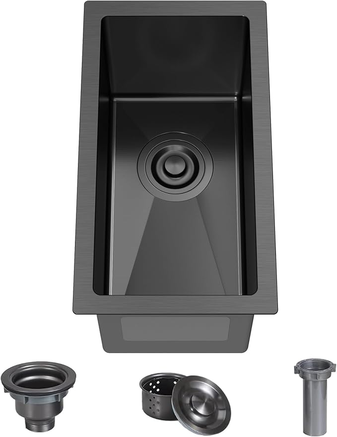 Undermount Wet Bar Sink, 10 x 18 Inch Small Bar Sink Black 18 Gauge T304 Stainless Steel Single Bowl RV Sink with Strainer