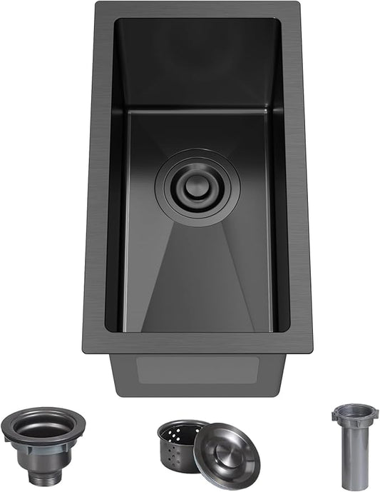 Undermount Wet Bar Sink, 10 x 18 Inch Small Bar Sink Black 18 Gauge T304 Stainless Steel Single Bowl RV Sink with Strainer
