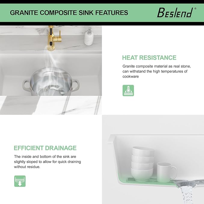 33 Granite Composite Kitchen Sink - Beslend 33x19 Inch Granite Kitchen Sink Undermount White Quartz Sink Classic Under Counter Single Bowl Sink Basin