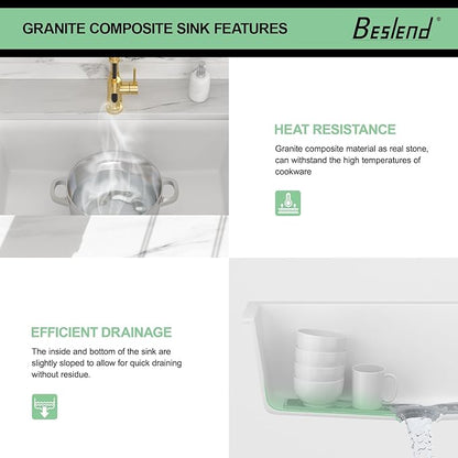 33 Granite Composite Kitchen Sink - Beslend 33x19 Inch Granite Kitchen Sink Undermount White Quartz Sink Classic Under Counter Single Bowl Sink Basin