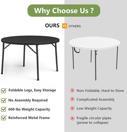 48" Folding Round Table, Heavy Duty Plastic Commercial Dinner Table with Foldable Steel Legs, Portable Banquet Table for Party, Events, Office, Indoor, Outdoor, Black