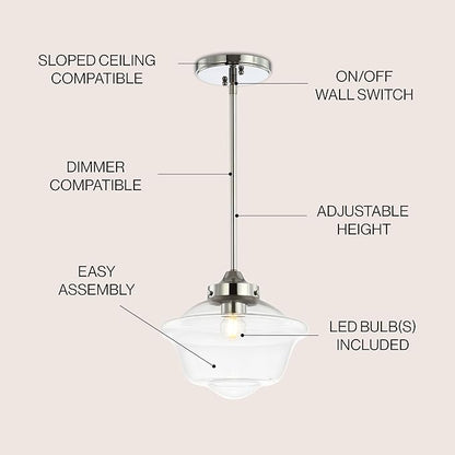 JONATHAN Y 9.5" Chrome Modern Schoolhouse LED Pendant Light Fixture, Adjustable Drop Metal Hanging Lamp with White Glass Shade for Kitchen Island, Dining Room, Foyer (JYL3517B)