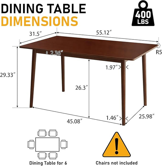 BAKEVE Bamboo Dining Table for 4-6-8 Person- 55'' Solid Wood Kitchen Table, Mid Century Modern Desk, Farmhouse Rectangular Dining Room Table for Living Room, Office, Kitchen and Study (Walnut)