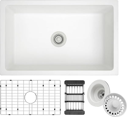 White Kitchen Sink, White Granite Composite Kitchen Sinks with Accessories, 30 Inch Undermount Quartz Stone Kitchen Sink, 30" x 19" x 9" Large and Deep Single Bowl Kitchen Sinks