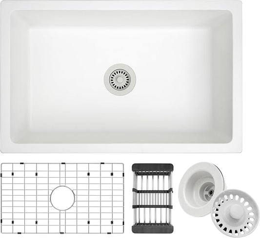 White Kitchen Sink, White Granite Composite Kitchen Sinks with Accessories, 30 Inch Undermount Quartz Stone Kitchen Sink, 30" x 19" x 9" Large and Deep Single Bowl Kitchen Sinks