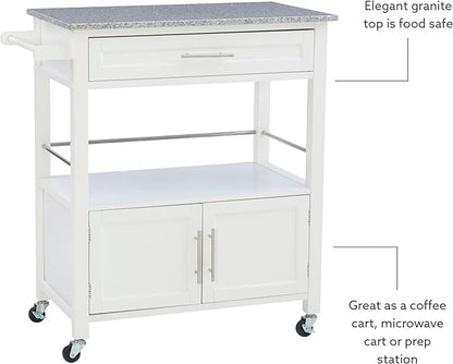 Linon Kyler White Granite Topped Kitchen Cart with Lockable Casters and Hidden Storage Spaces