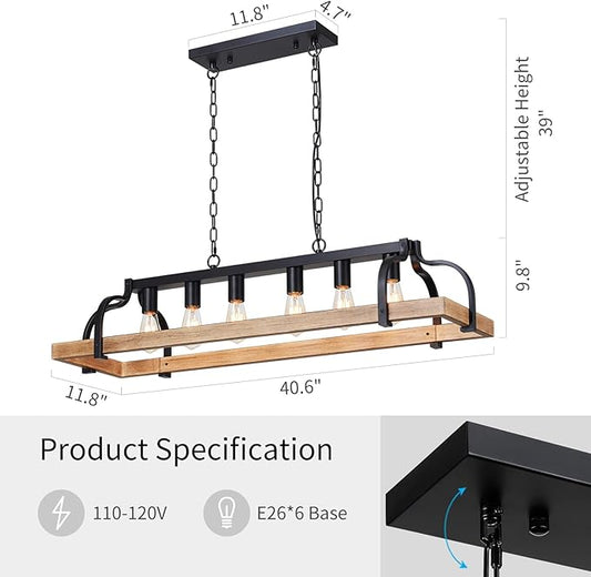 WUZUPS 6-Light Metal Pot Hanging Rack Chandelier Imitation Light Wood Grain Linear Pendant Ceiling Lighting Rustic Farmhouse Fixture Kitchen Island Dining Room, H 9.8" L 40.6" W11.8, E26 Base, Black
